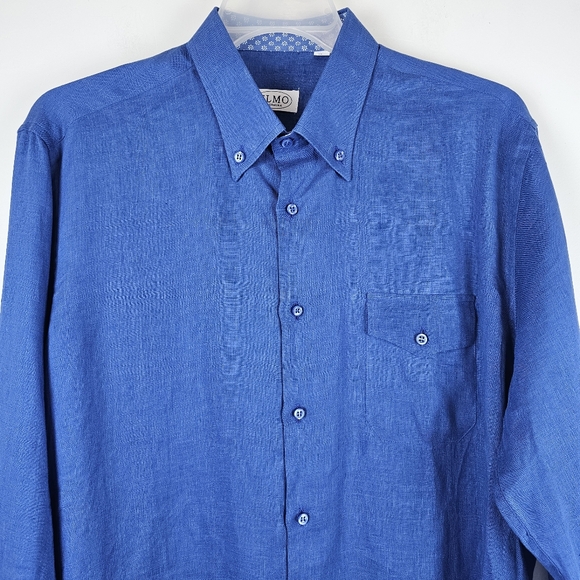 ELMO Taormina Italy Men's Linen Blue Long Sleeve Button Up Shirt Size 43 - Picture 3 of 15